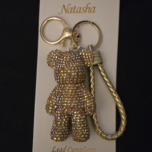 New Natasha Couture Sparkling Bear Bag Charm /Keychain with Cream Strap